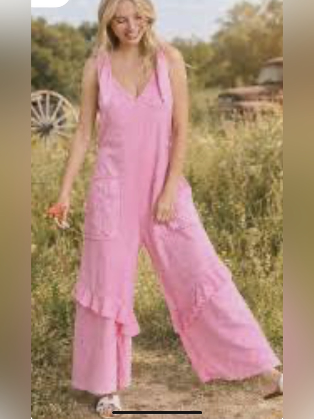J. HER Vintage Wash Patchwork Pink Jumpsuit 100% Cotton Wide Leg
